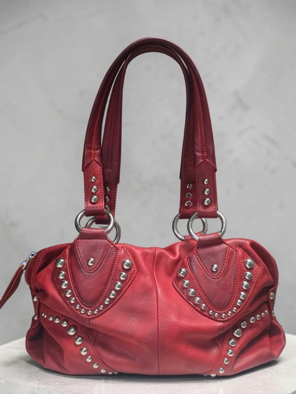 B. Makowsky Red Studded Hobo Slouch Shoulder Bag
